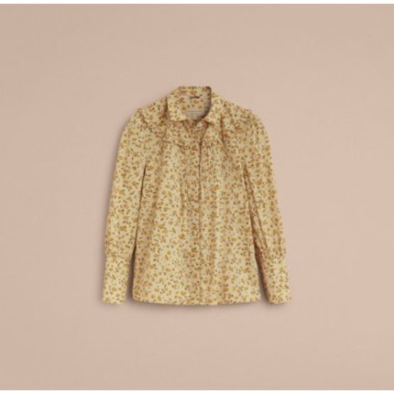 러플 요크 플로럴 프린트 코튼 셔츠 초크 옐로