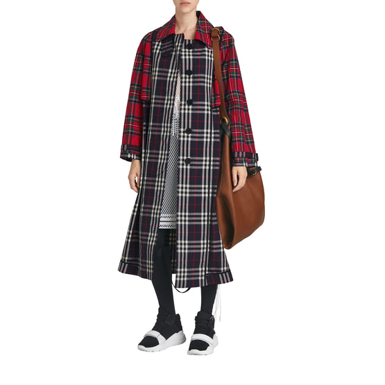 체크 타탄 코튼 트렌치코트 네이비