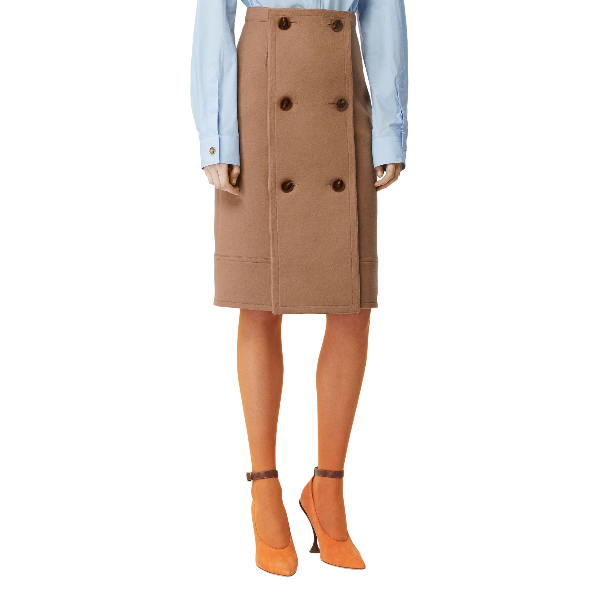 버튼 패널 디테일 울 캐시미어 에이라인 스커트 카멜