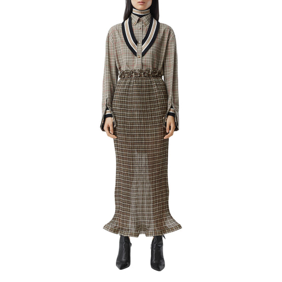 커스텀핏 러플 디테일 체크 시폰 플리세 스커트 마호가니