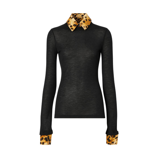 롱 슬리브 스팟 몽키 프린트 트리밍 캐시미어 톱 블랙