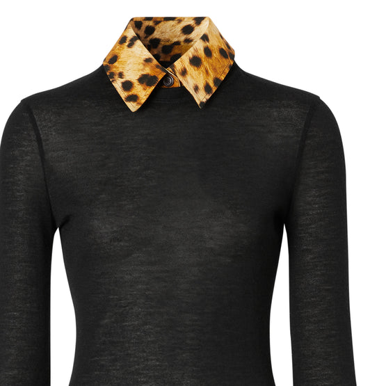 롱 슬리브 스팟 몽키 프린트 트리밍 캐시미어 톱 블랙