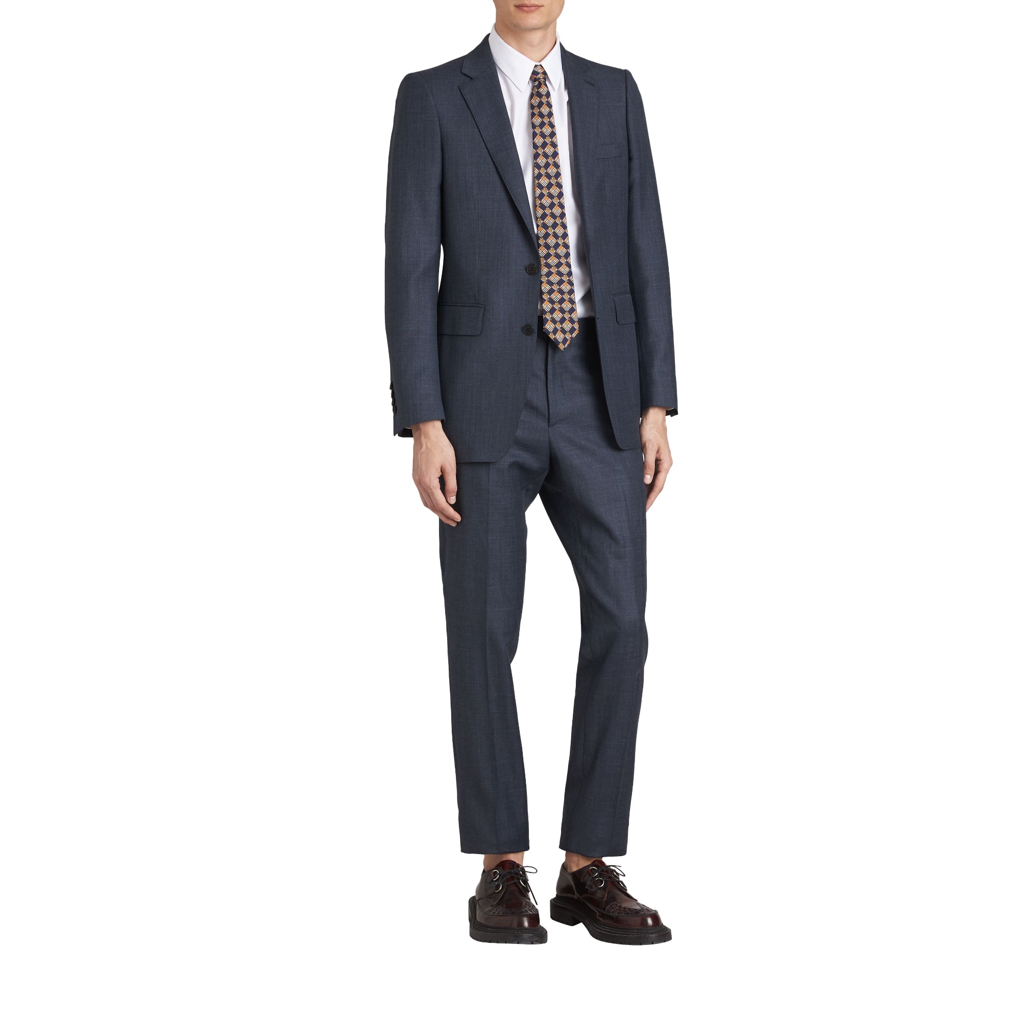 슬림핏 울 실크 리넨 수트 브라이트 네이비