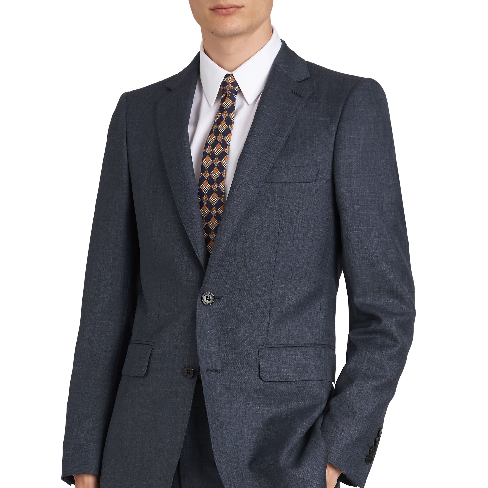 슬림핏 울 실크 리넨 수트 브라이트 네이비