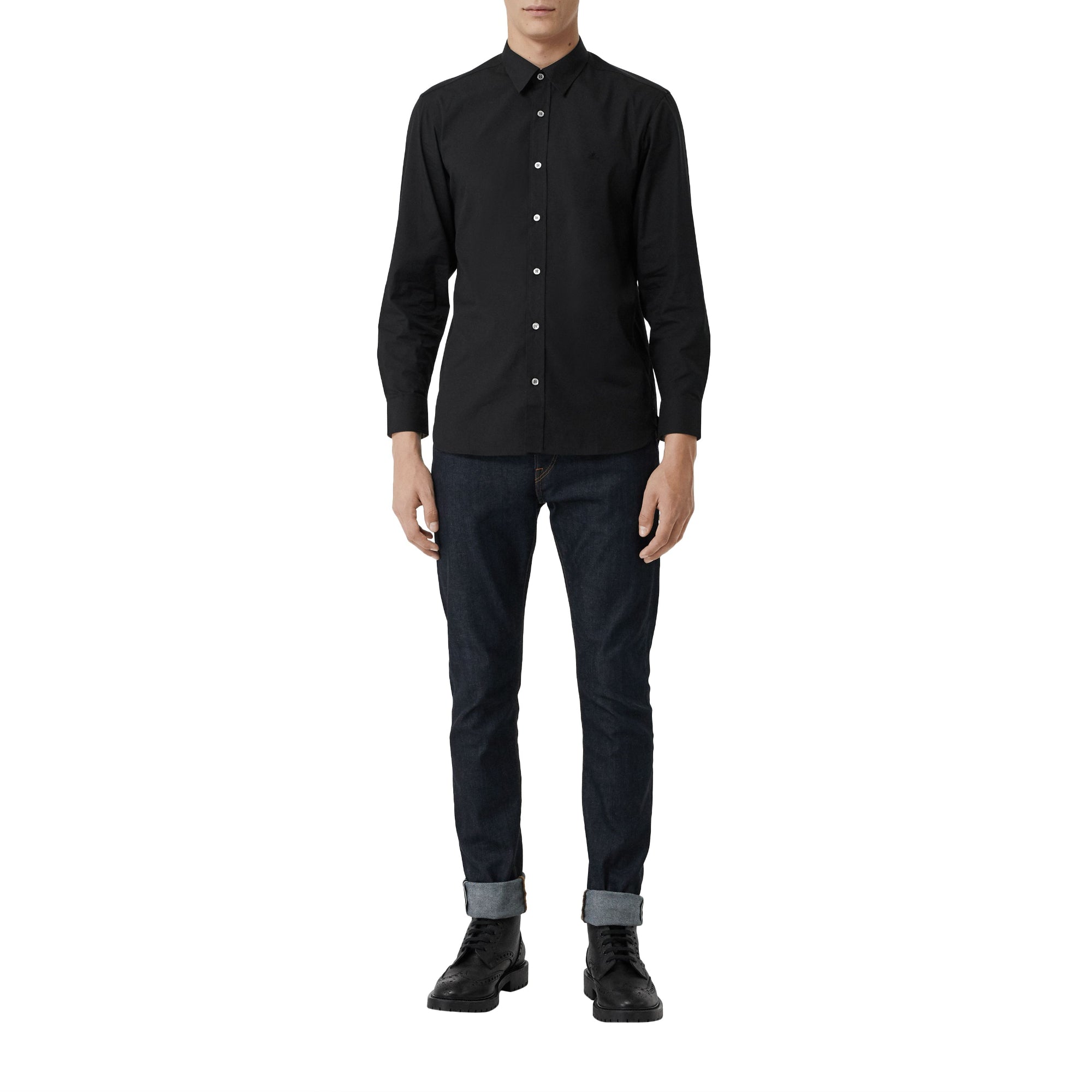 체크 커프 스트레치 코튼 포플린 셔츠 블랙