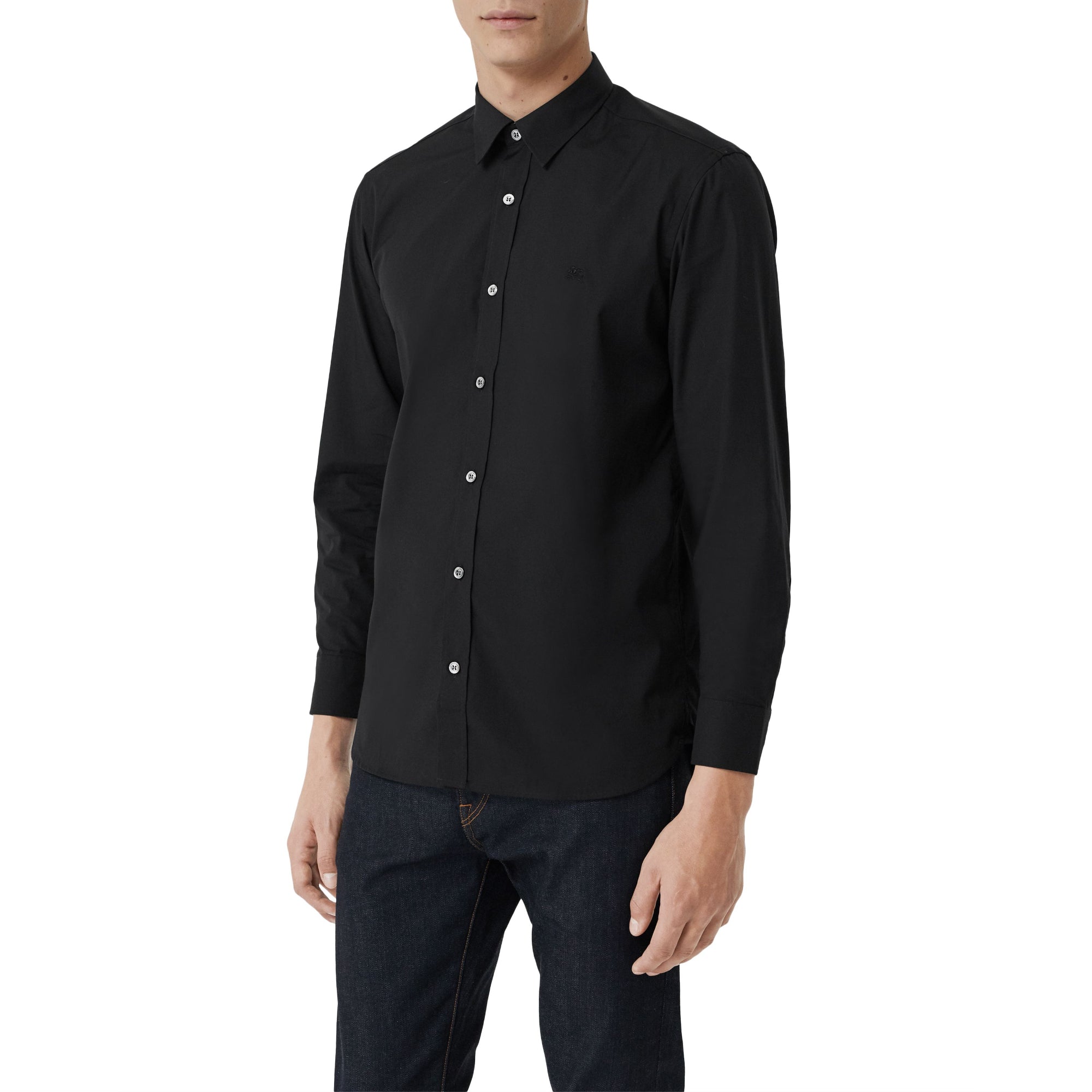 체크 커프 스트레치 코튼 포플린 셔츠 블랙