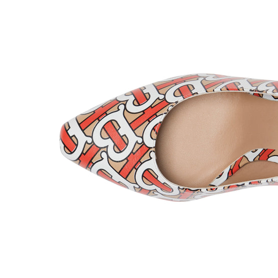 트리플 스터드 모노그램 프린트 가죽 포인트 토 펌프스 토니