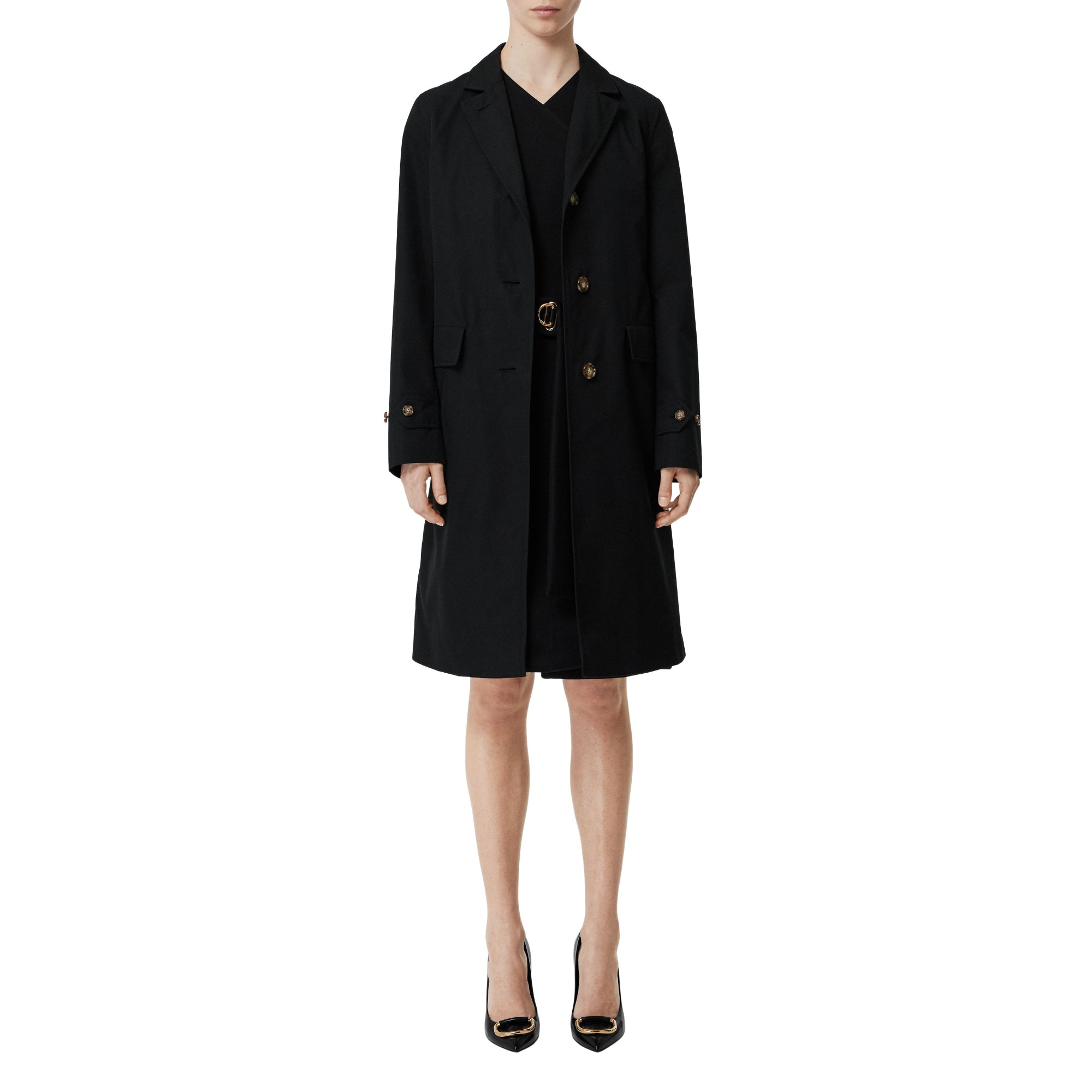 코튼 개버딘 랩 코트 블랙