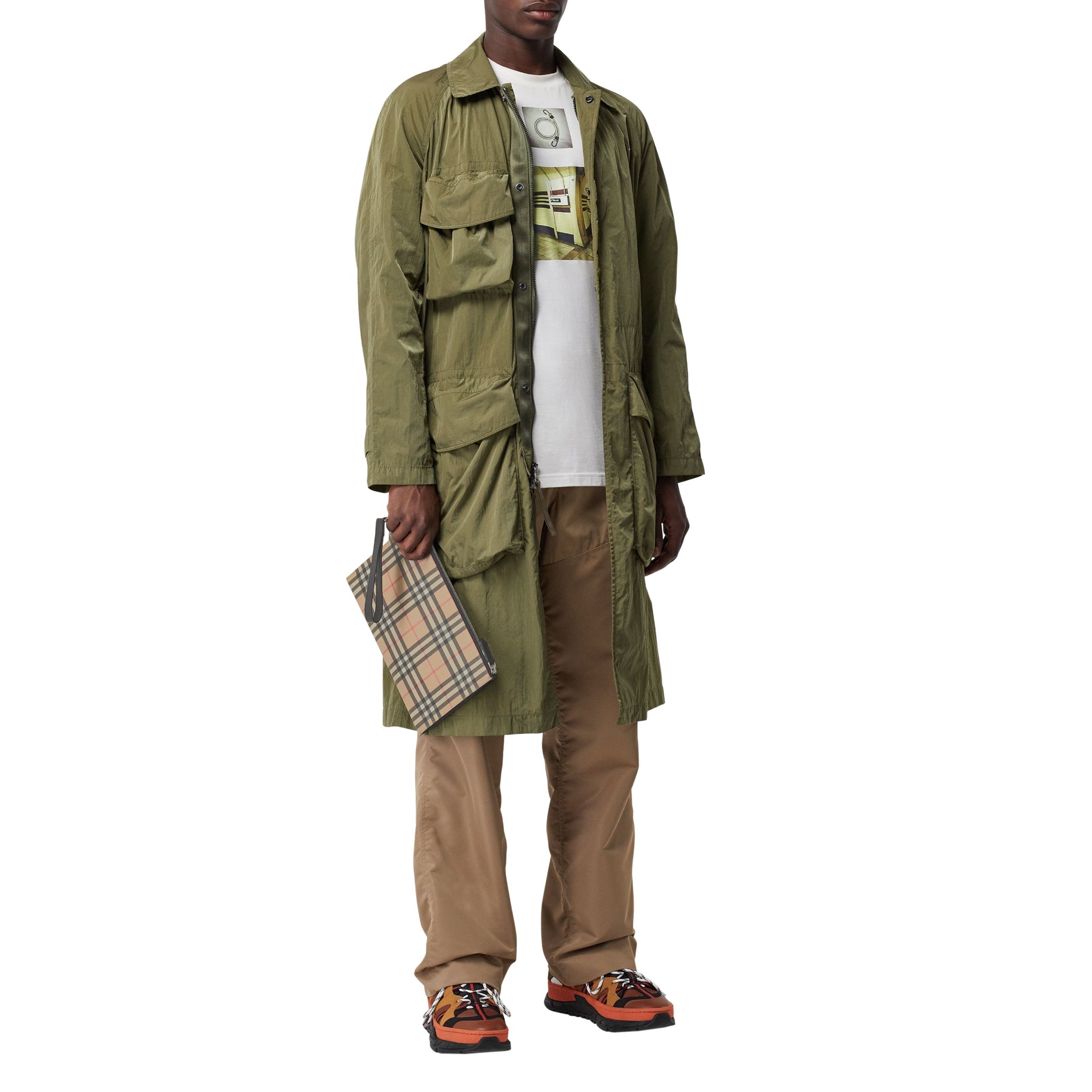 빈티지 체크 E-캔버스 가죽 지퍼 파우치 아카이브 베이지