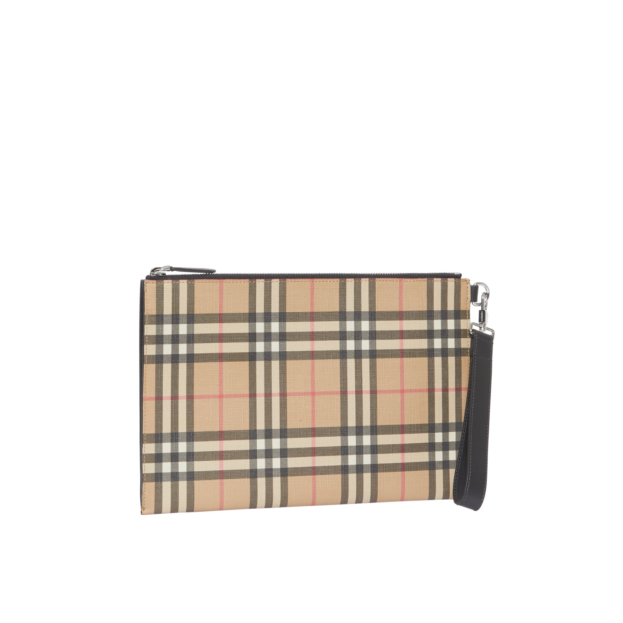 빈티지 체크 E-캔버스 가죽 지퍼 파우치 아카이브 베이지