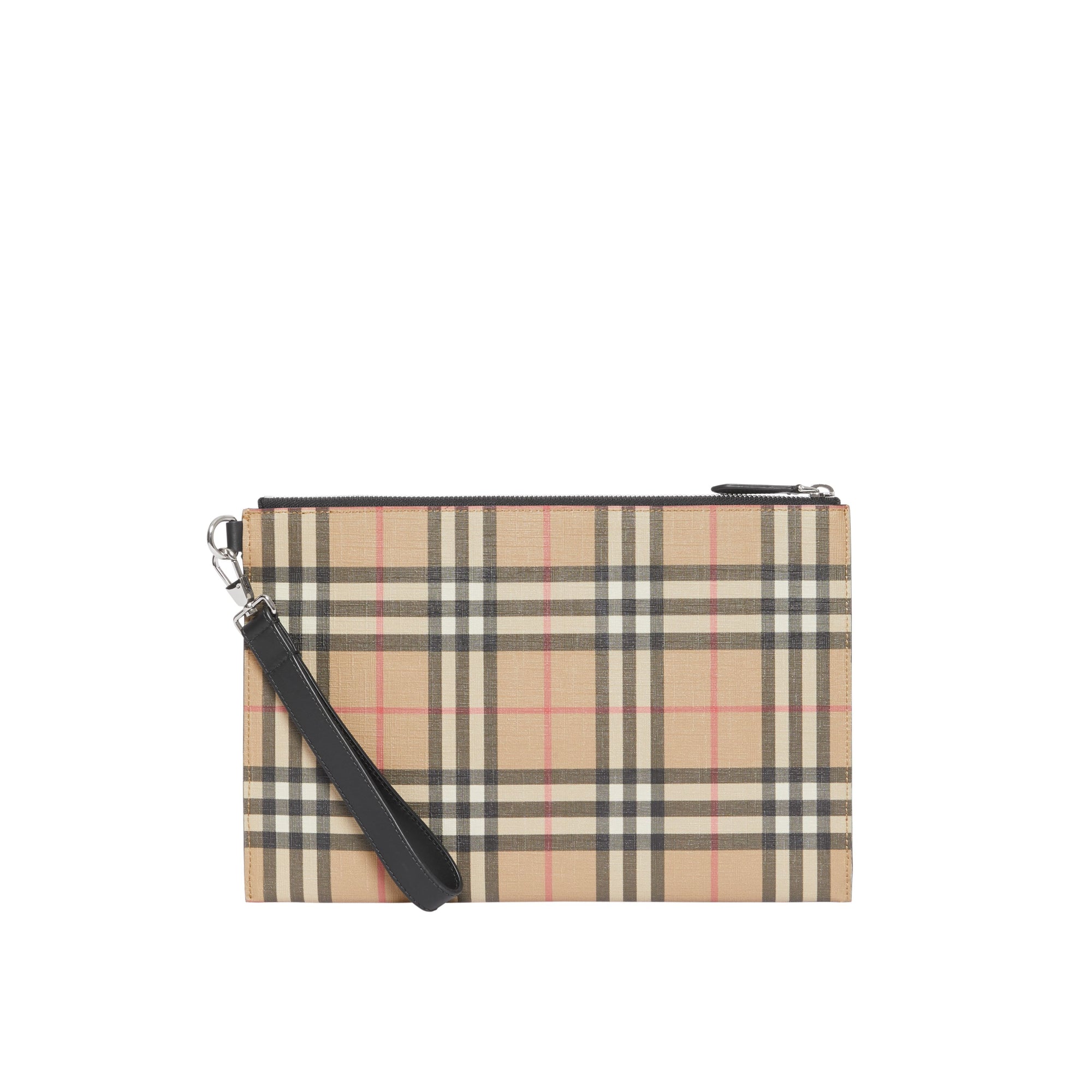 빈티지 체크 E-캔버스 가죽 지퍼 파우치 아카이브 베이지