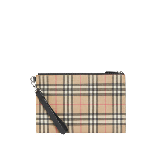 빈티지 체크 E-캔버스 가죽 지퍼 파우치 아카이브 베이지