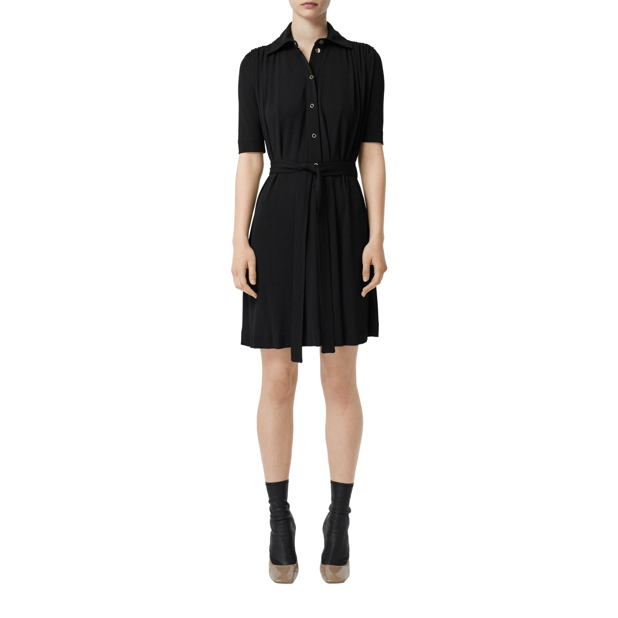 쇼트 슬리브 개더 저지 드레스 블랙