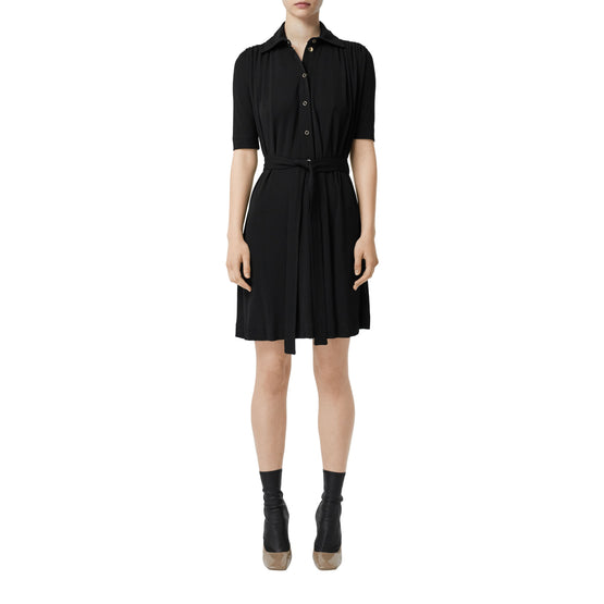 쇼트 슬리브 개더 저지 드레스 블랙