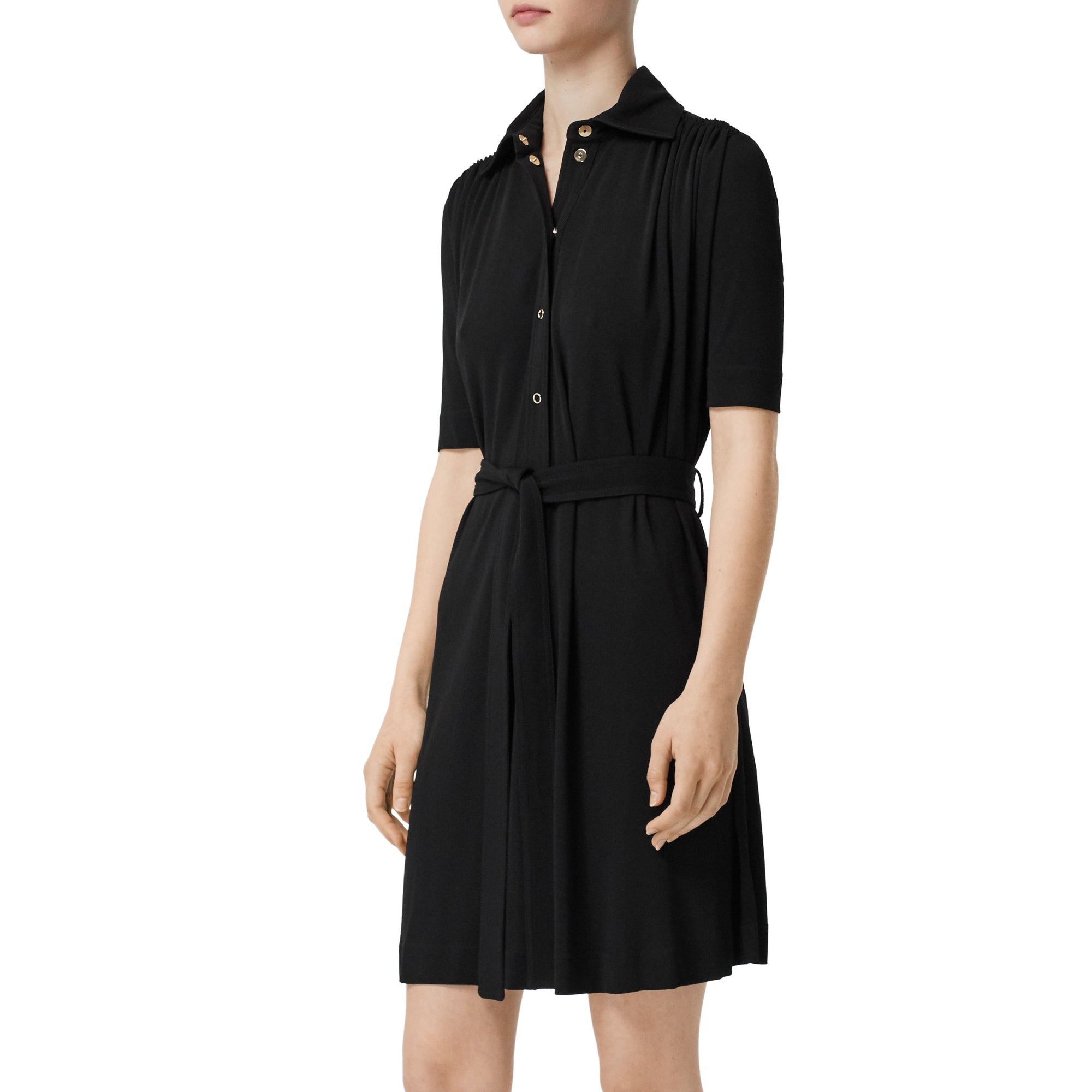 쇼트 슬리브 개더 저지 드레스 블랙