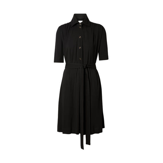 쇼트 슬리브 개더 저지 드레스 블랙