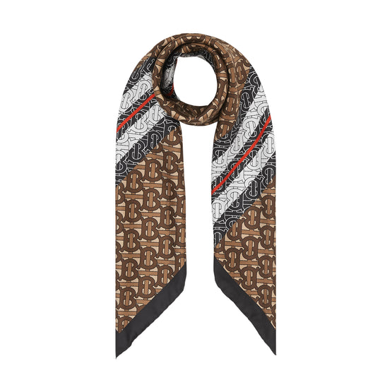 모노그램 스트라이프 프린트 실크 스퀘어 스카프 브라이들 브라운