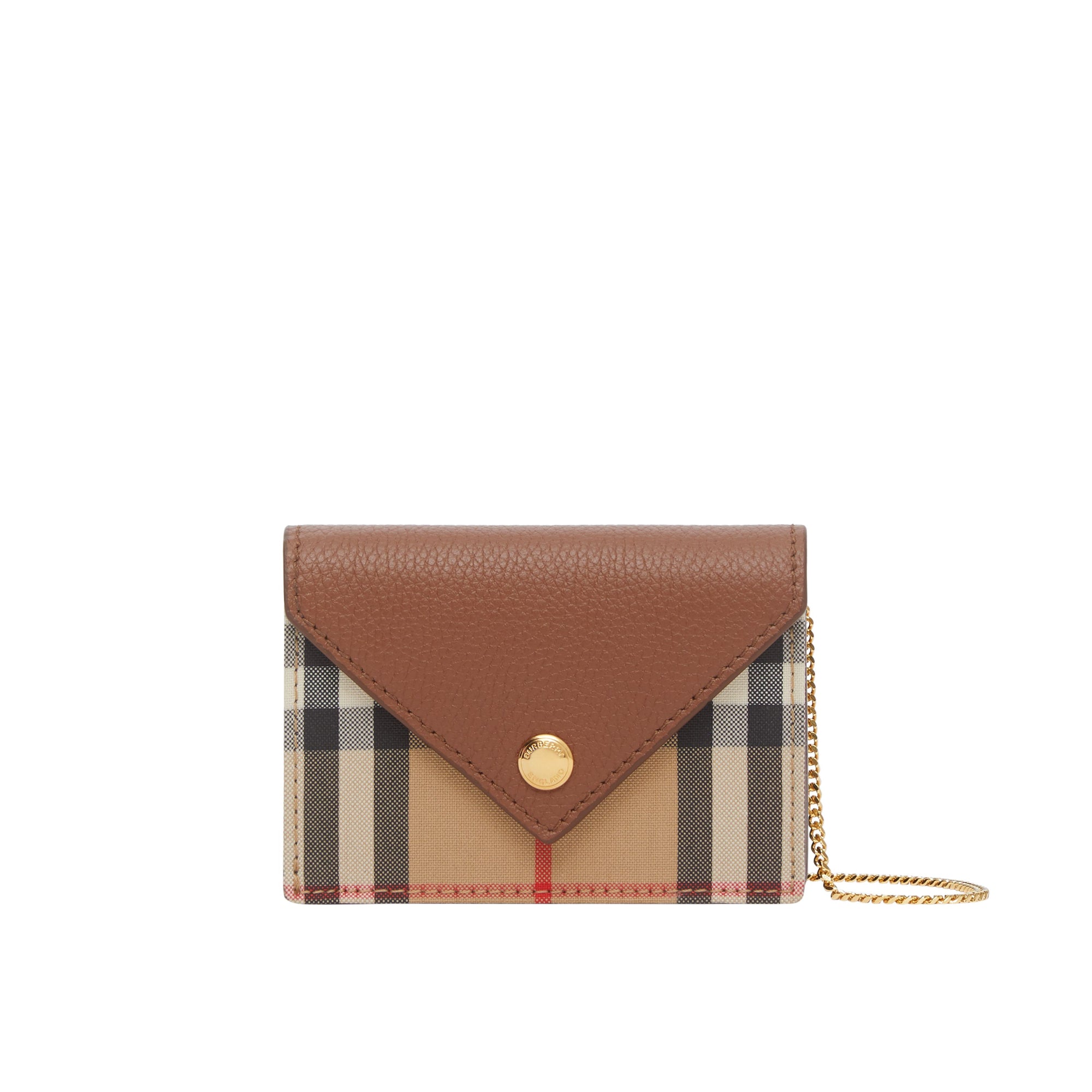 스트랩 빈티지 체크 레더 카드 케이스 탠