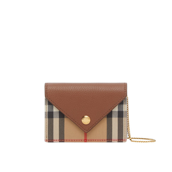 스트랩 빈티지 체크 레더 카드 케이스 탠