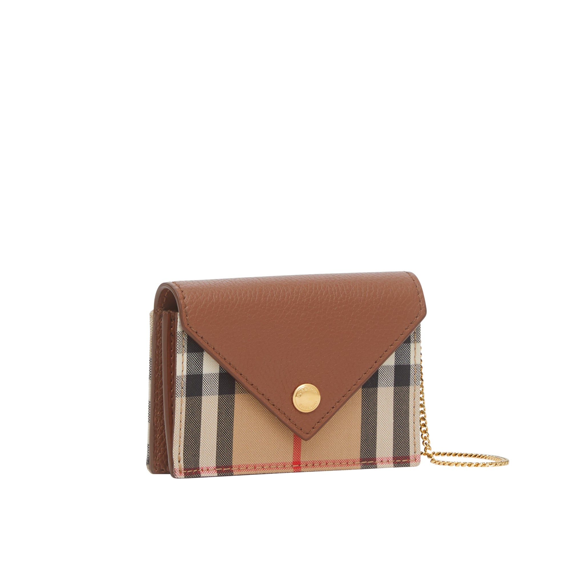 스트랩 빈티지 체크 레더 카드 케이스 탠