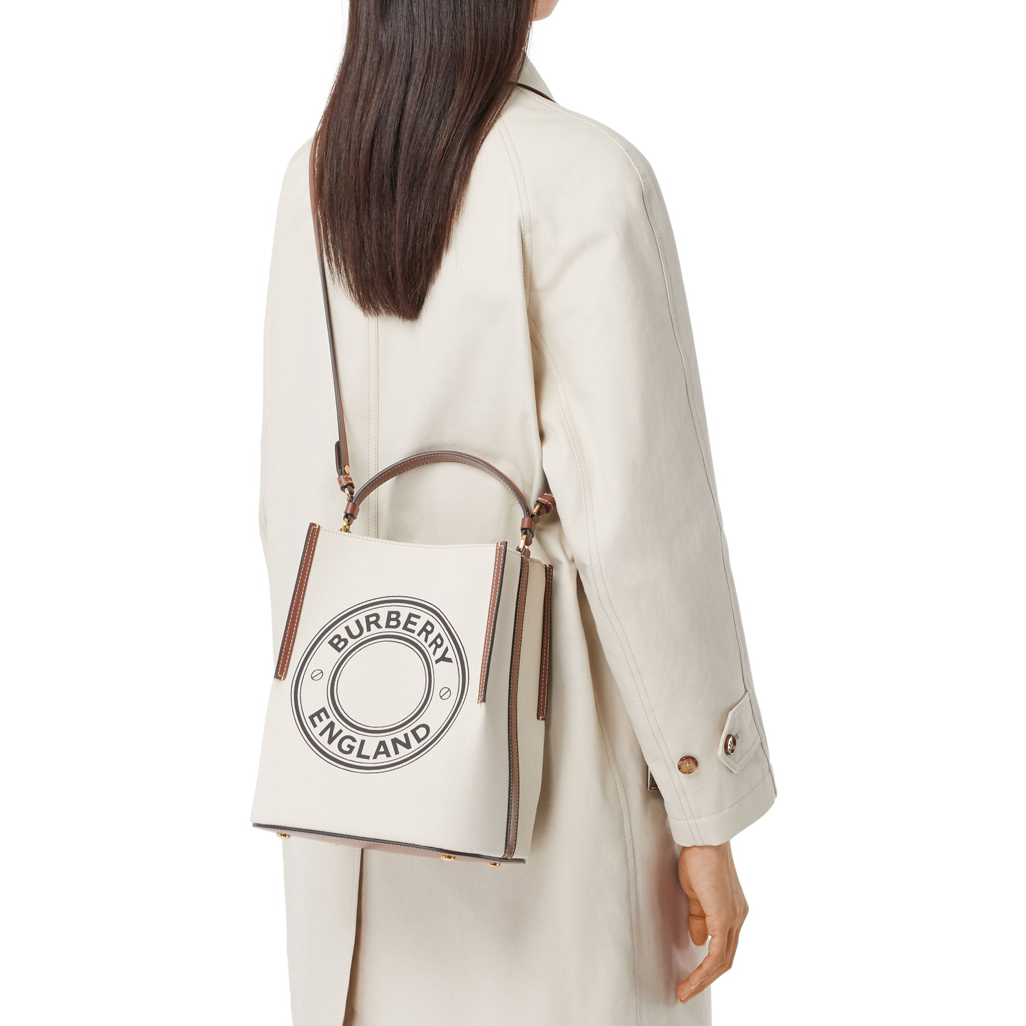 스몰 로고 그래픽 코튼 캔버스 페기 버킷 백 내추럴/탠