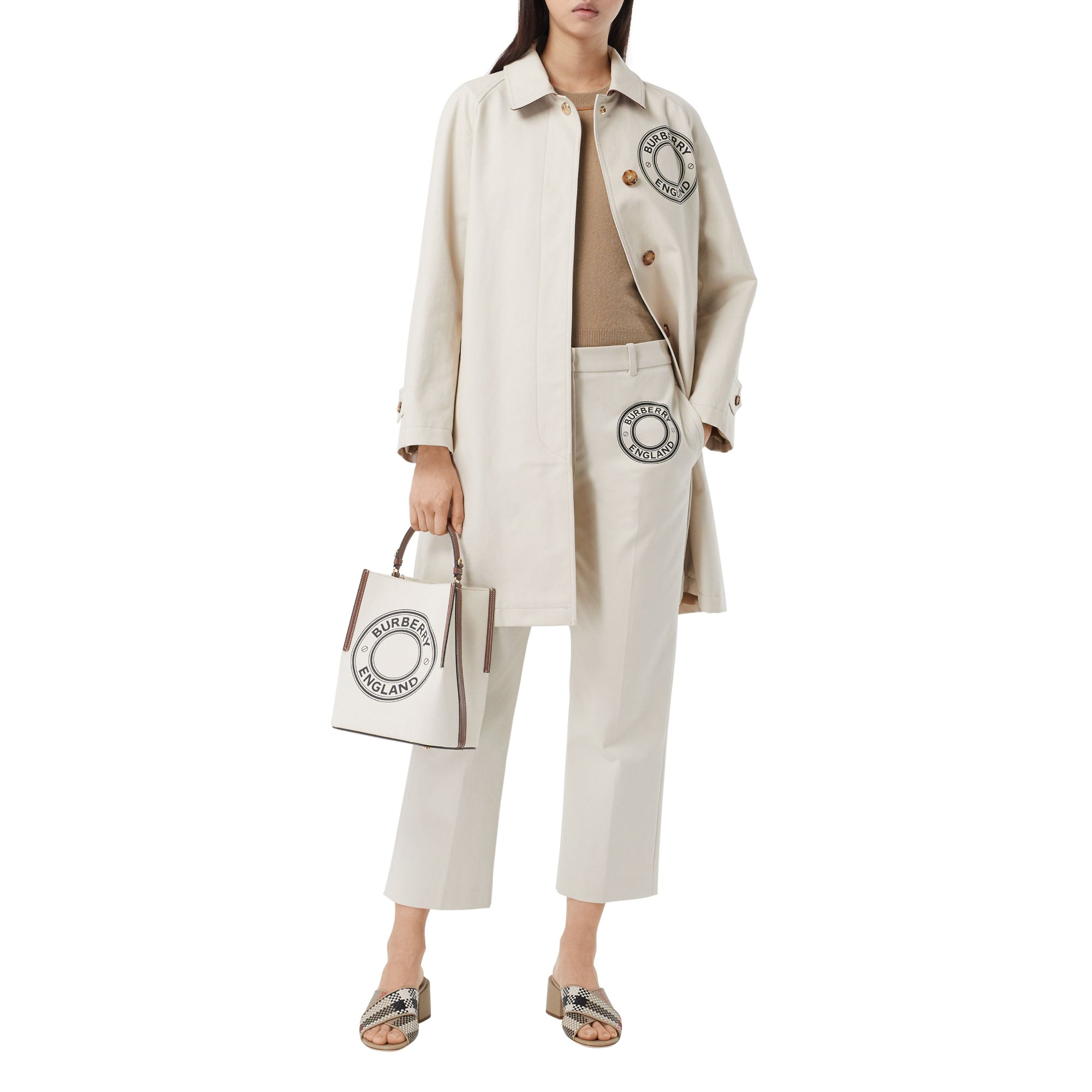 스몰 로고 그래픽 코튼 캔버스 페기 버킷 백 내추럴/탠