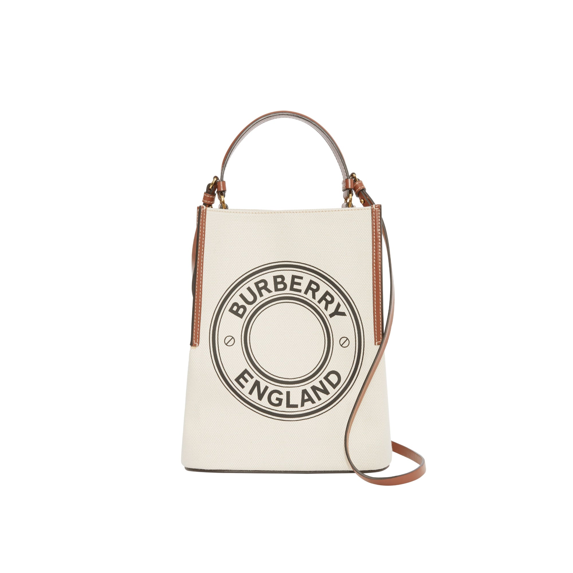 스몰 로고 그래픽 코튼 캔버스 페기 버킷 백 내추럴/탠