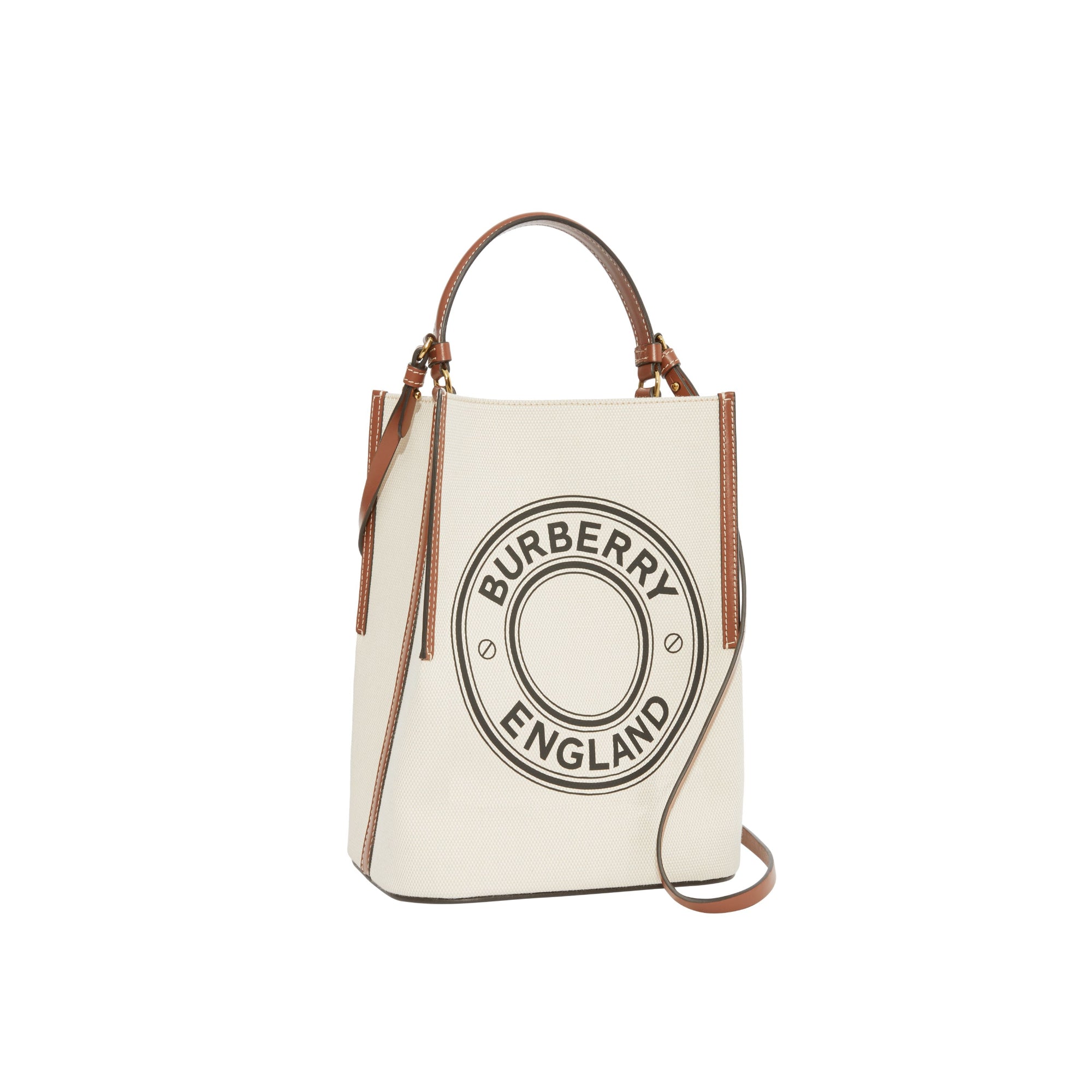 스몰 로고 그래픽 코튼 캔버스 페기 버킷 백 내추럴/탠