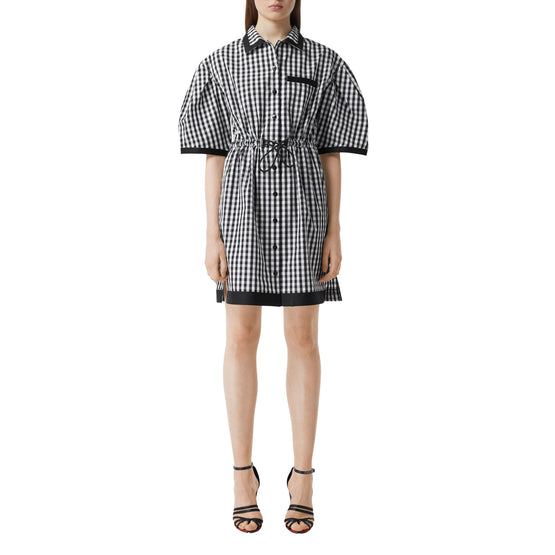 퍼프 슬리브 깅엄 코튼 셔츠 드레스 블랙