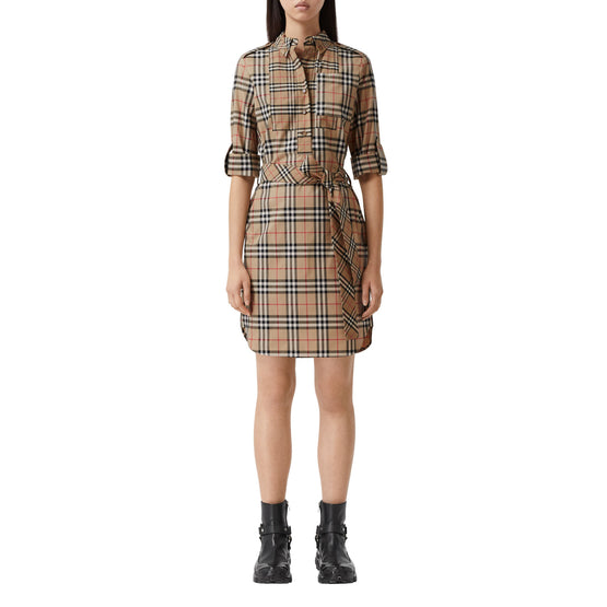 컨트라스트 체크 스트레치 코튼 타이 웨이스트 셔츠 드레스 아카이브 베이지