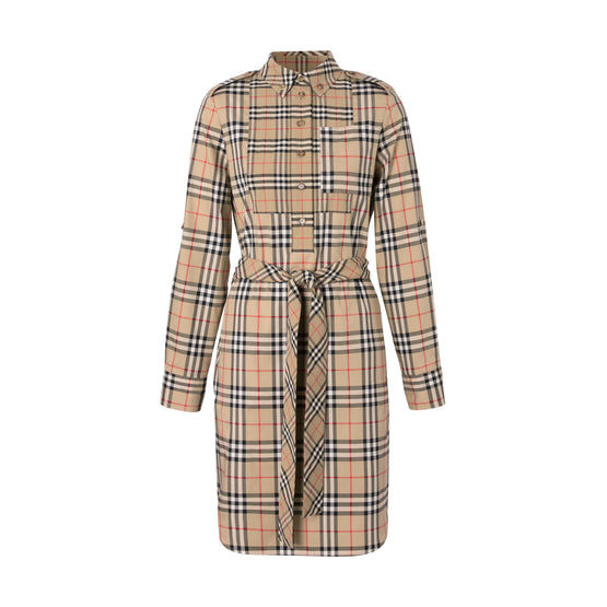 컨트라스트 체크 스트레치 코튼 타이 웨이스트 셔츠 드레스 아카이브 베이지