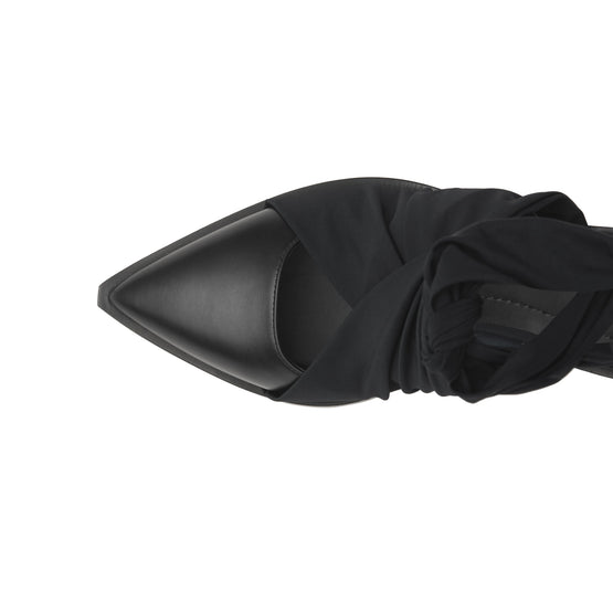 스카프 타이 디테일 레더 포인트 토 뮬 블랙