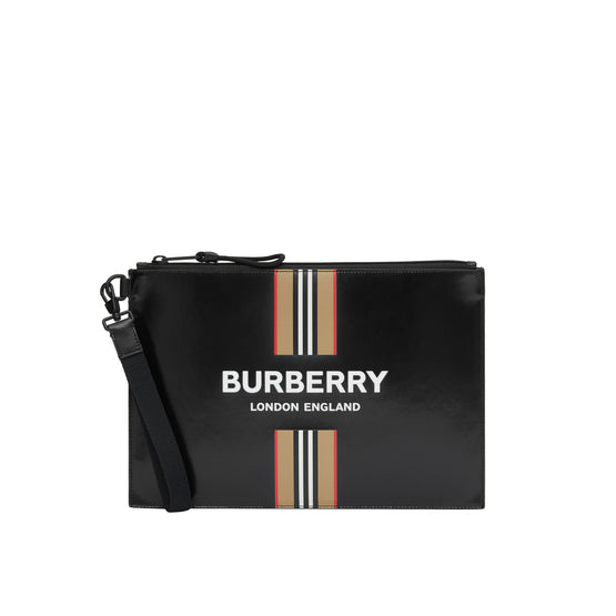 로고 아이콘 스트라이프 프린트 코팅 캔버스 지퍼 파우치 블랙