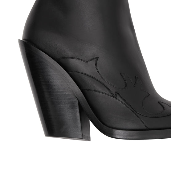 스타 디테일 레더 블록 힐 앵클 부츠 블랙