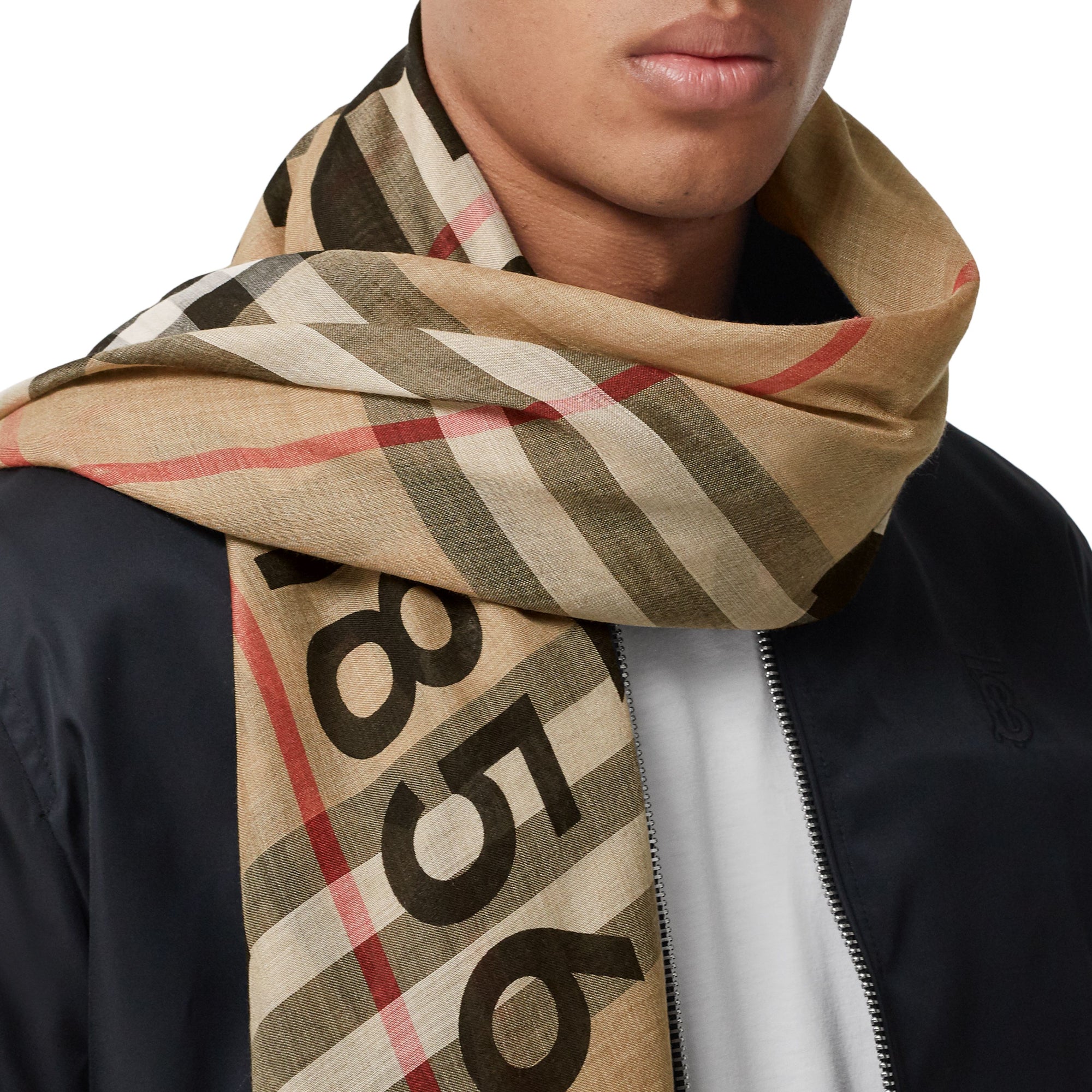 로고 체크 울 실크 스카프 아카이브 베이지