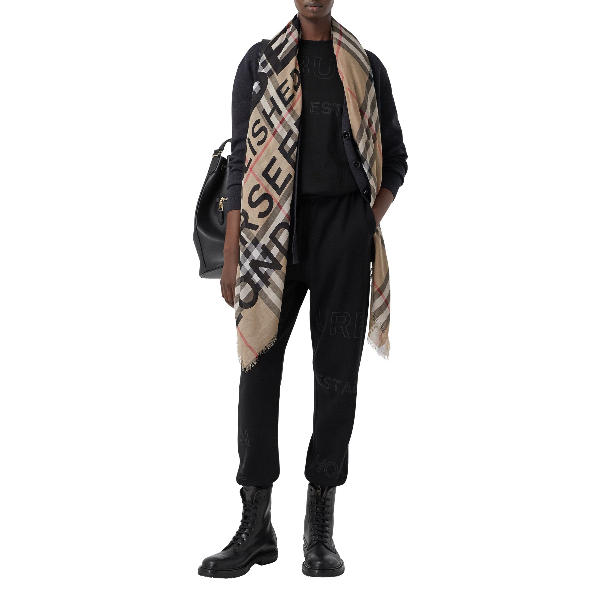 로고 체크 울 실크 스카프 아카이브 베이지
