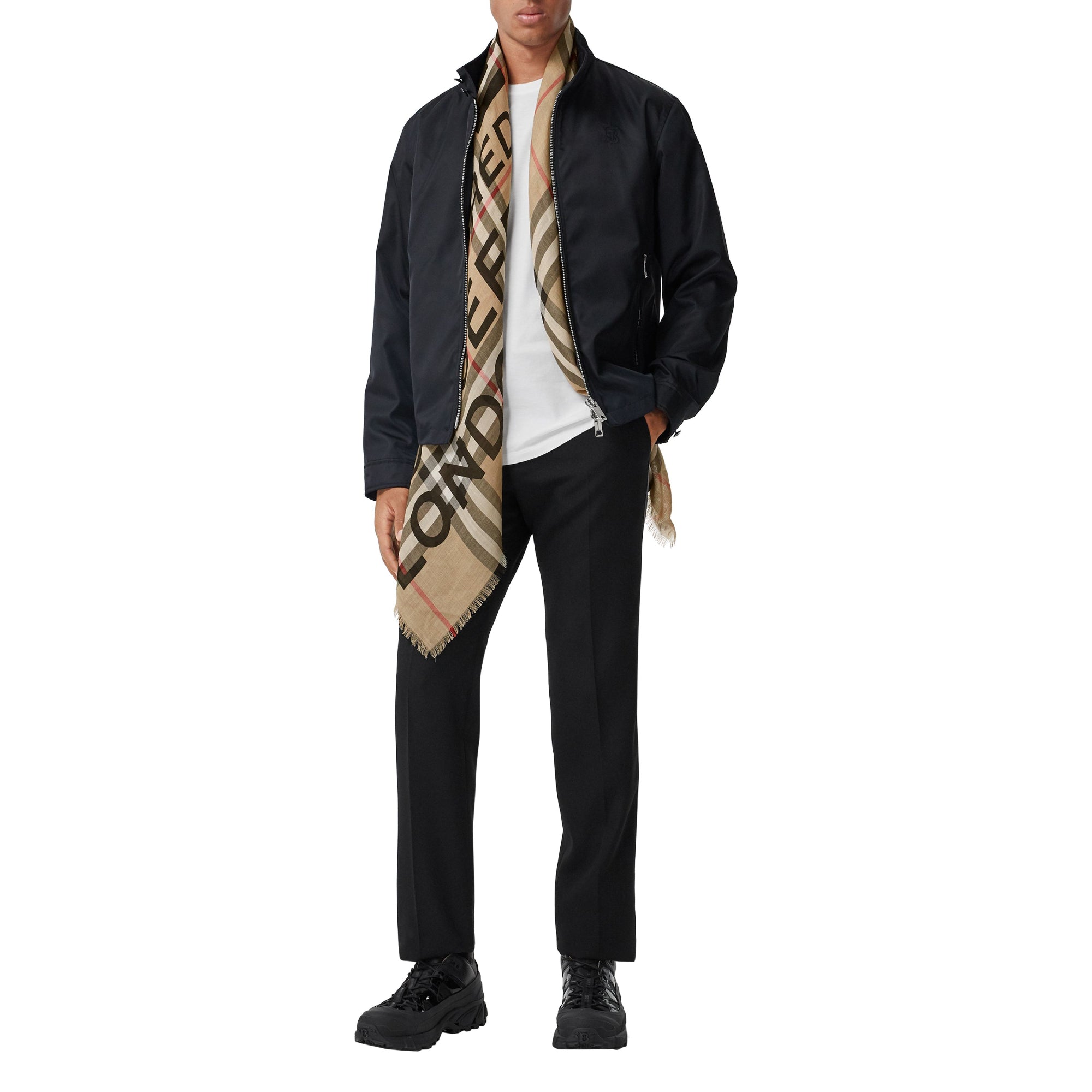 로고 체크 울 실크 스카프 아카이브 베이지