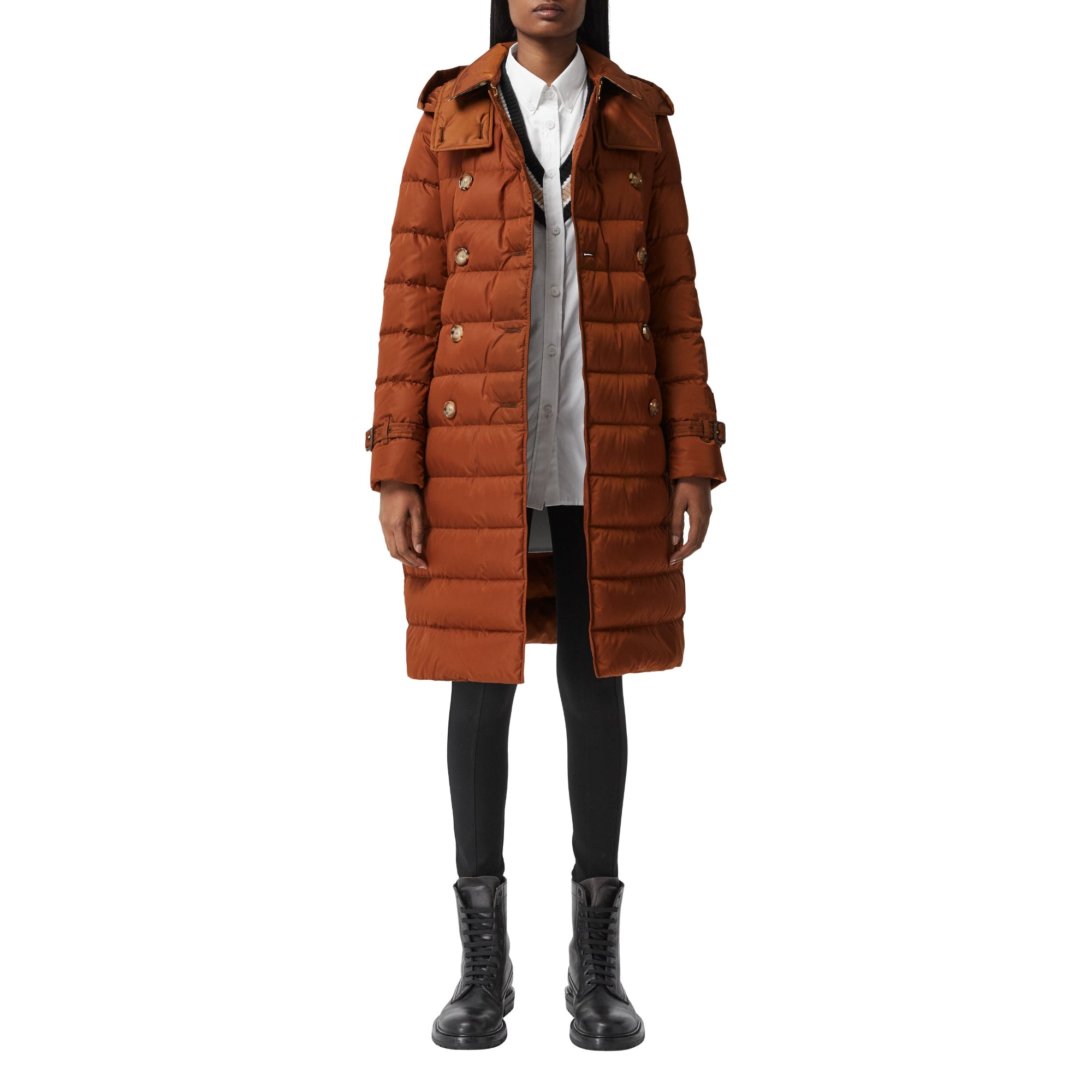 로고 아플리케 디태처블 후드 퍼퍼 코트 웜 브라운