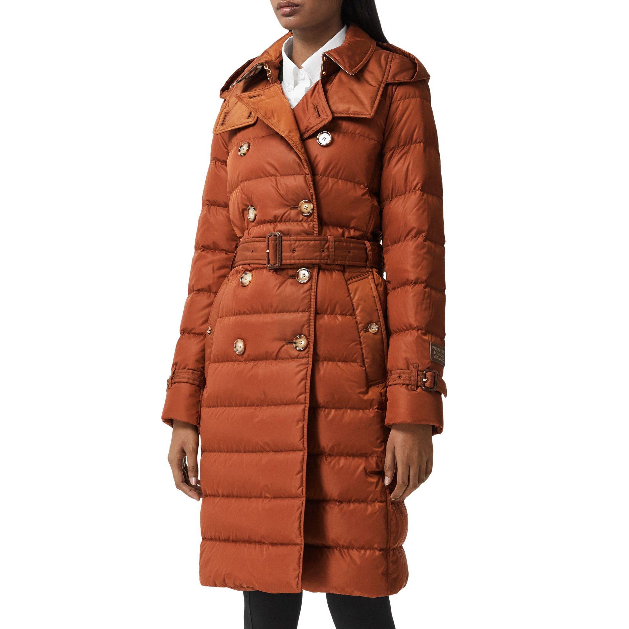 로고 아플리케 디태처블 후드 퍼퍼 코트 웜 브라운