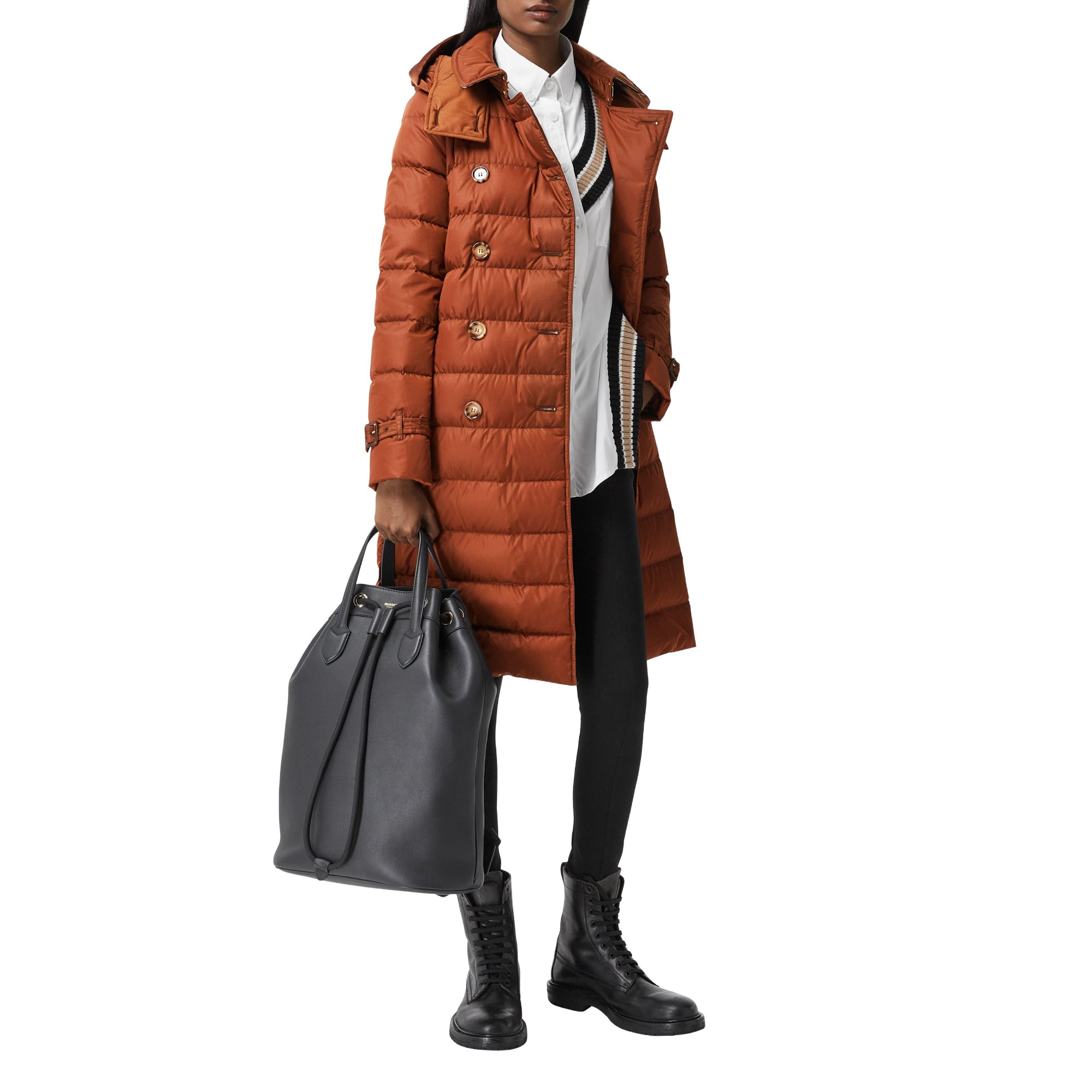 로고 아플리케 디태처블 후드 퍼퍼 코트 웜 브라운