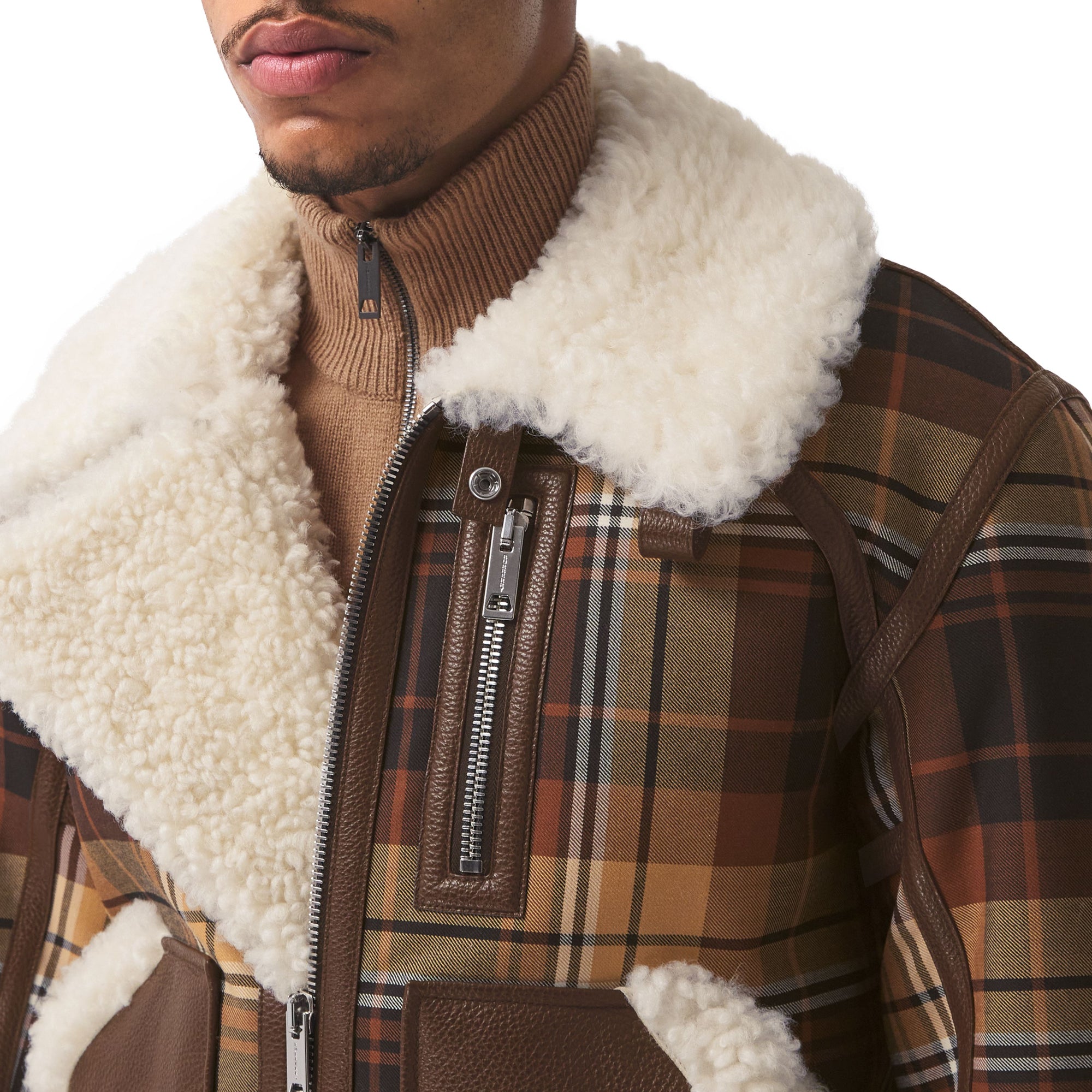 레더 트리밍 체크 울 시얼링 플라이트 재킷 오렌지/블랙 체크