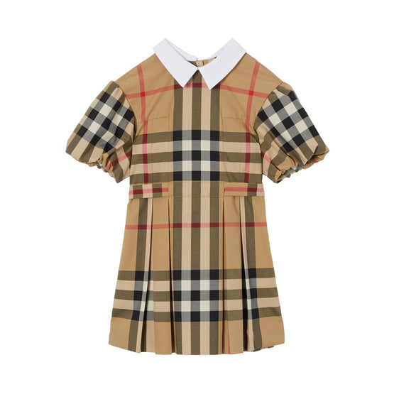 퍼프 슬리브 체크 스트레치 코튼 드레스 아카이브 베이지