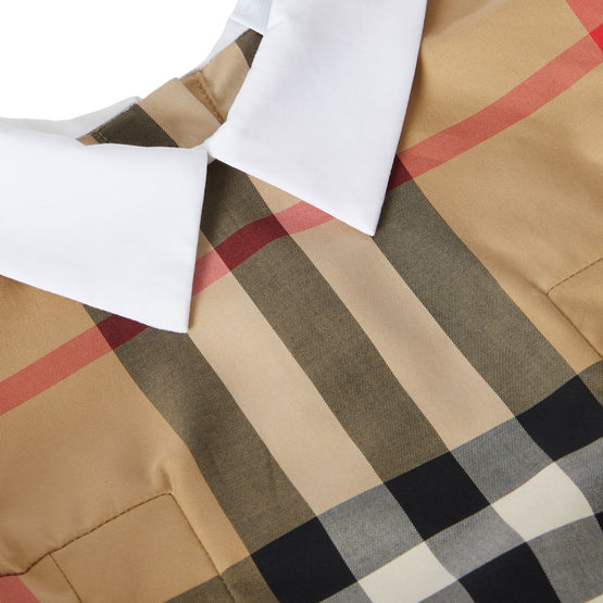 퍼프 슬리브 체크 스트레치 코튼 드레스 아카이브 베이지