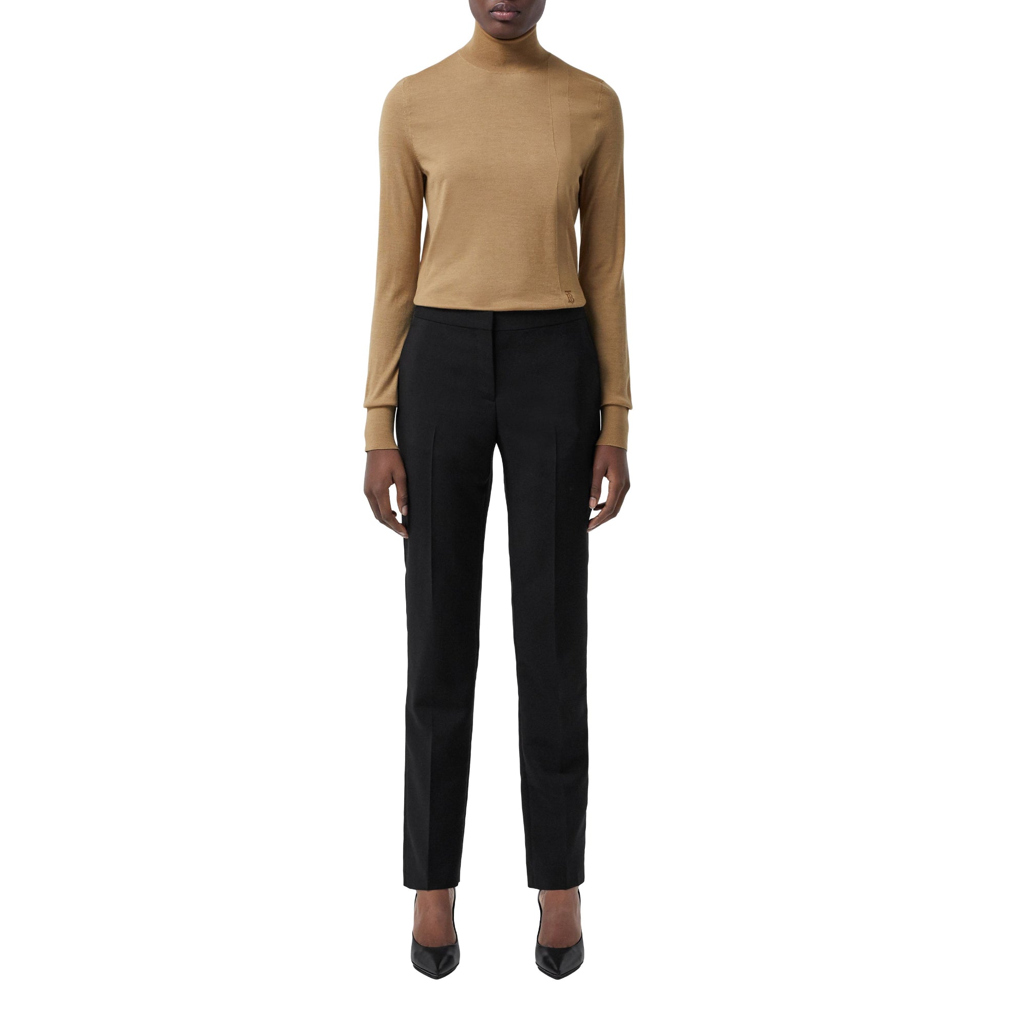 모노그램 모티프 울 실크 블렌드 퍼넬넥 스웨터 카멜