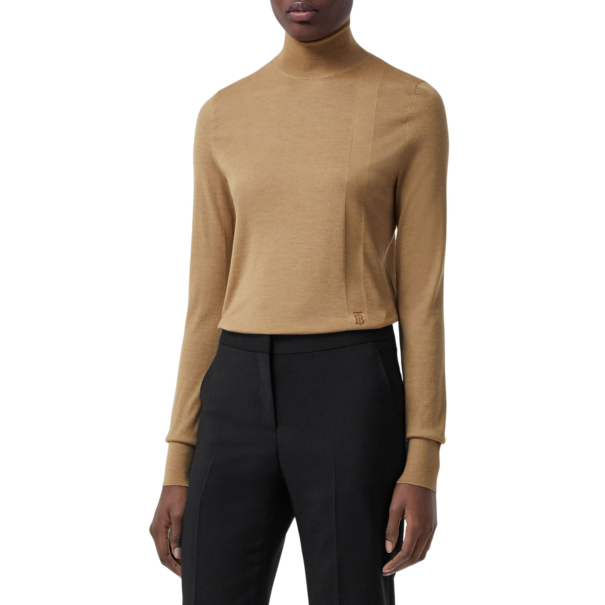 모노그램 모티프 울 실크 블렌드 퍼넬넥 스웨터 카멜