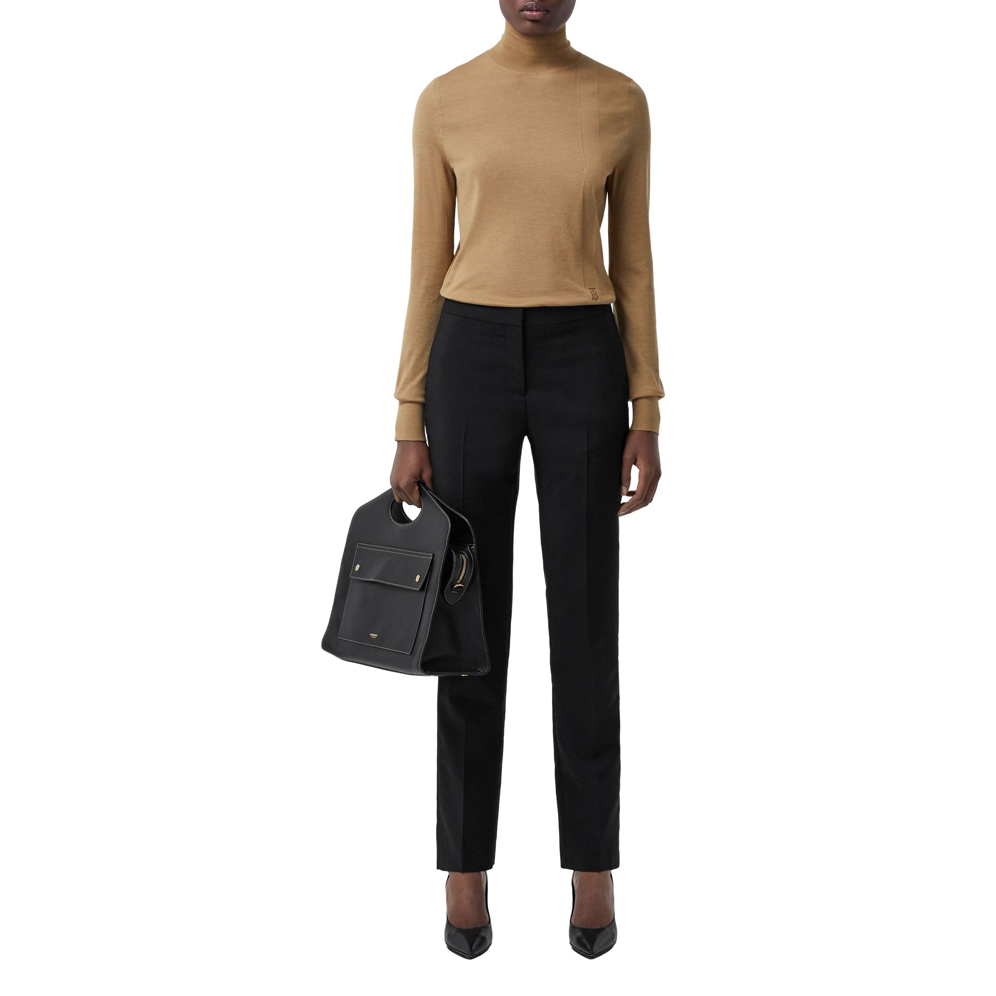 모노그램 모티프 울 실크 블렌드 퍼넬넥 스웨터 카멜