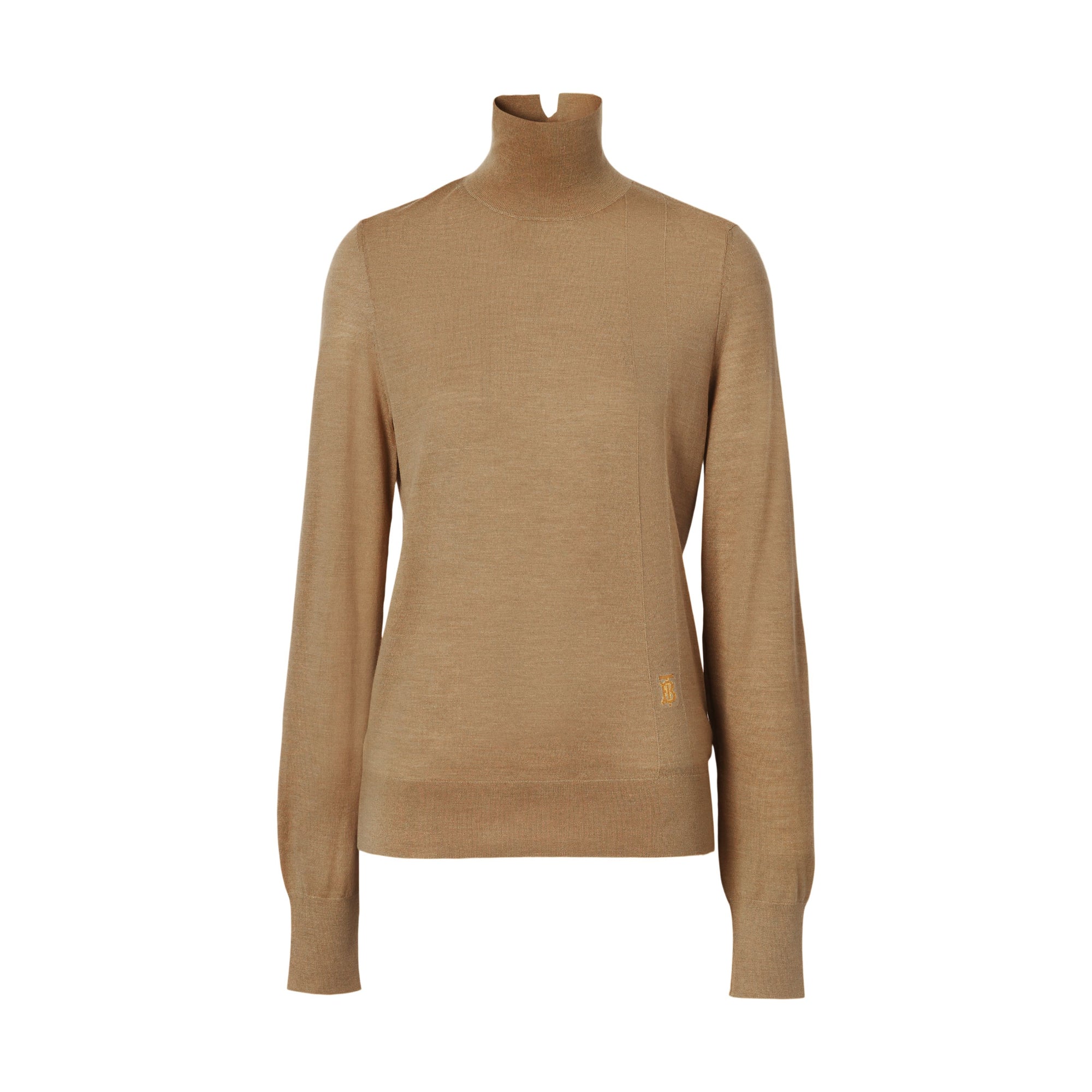 모노그램 모티프 울 실크 블렌드 퍼넬넥 스웨터 카멜