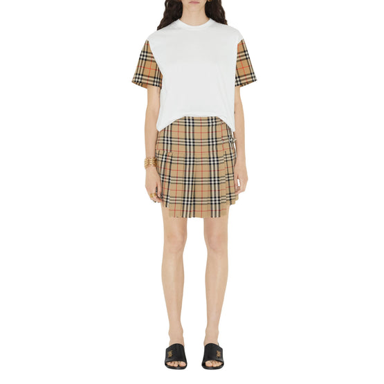 체크 슬리브 코튼 티셔츠 화이트