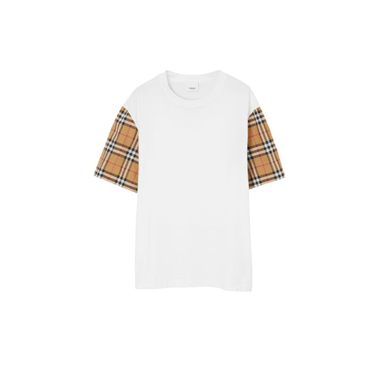 체크 슬리브 코튼 티셔츠 화이트