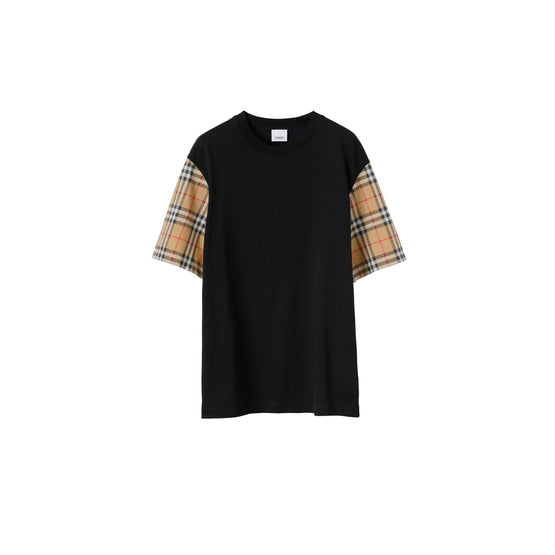 체크 슬리브 코튼 티셔츠 블랙